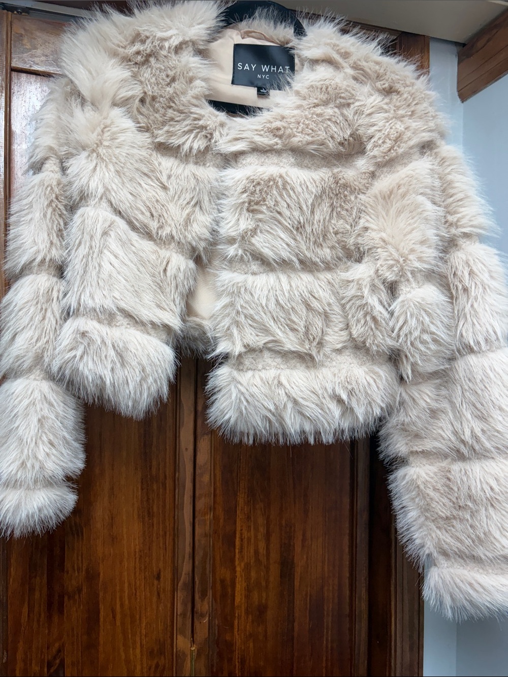 NYC Plush Faux Fur Cropped Jacket - Light Taupe